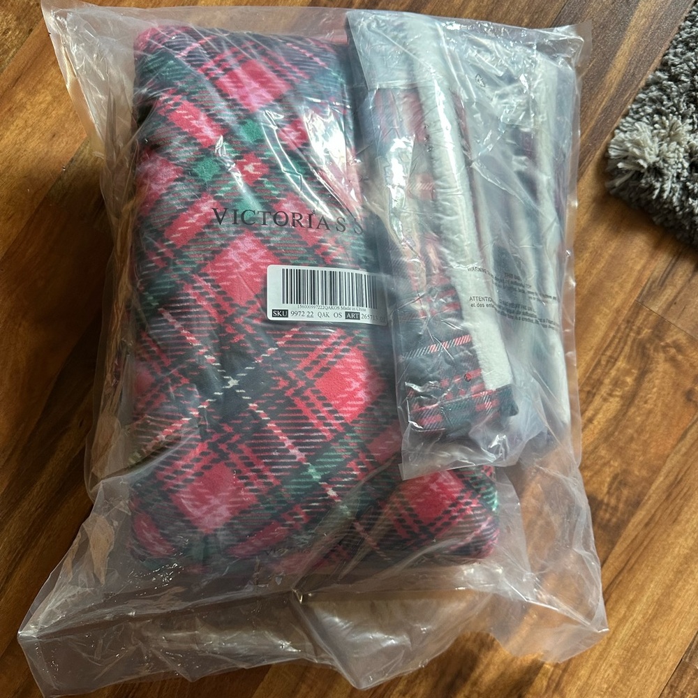 Victoria's Secret Red and Green Plaid Blanket with tote bag.